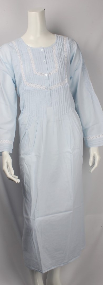 Cotton full length winter nightie w long sleeves,pintuck lace insert,lace trim blue Style:AL/ND-174 image 0